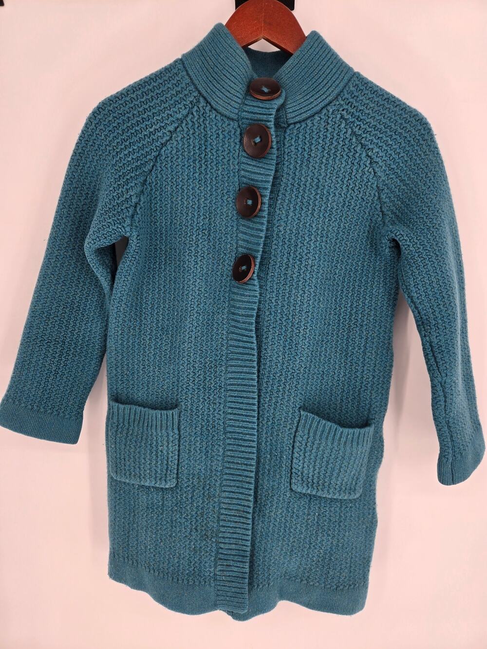 Boden Teal Long Sweater Jacket 100% Wool Button Front Pockets Women's 12